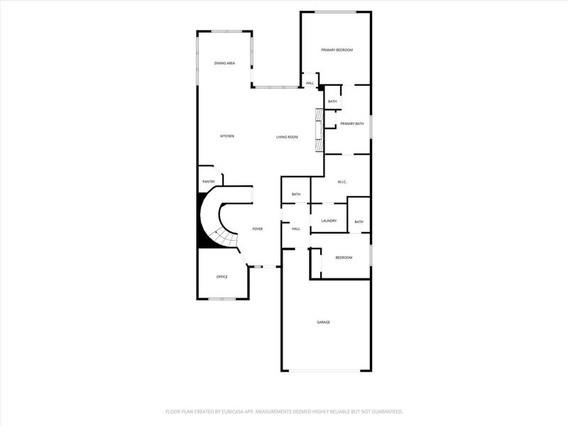 This floor plan features a spacious layout with a primary bedroom and en-suite bath, a second bedroom, and additional baths. It includes an office, laundry room, and a large living area connected to the kitchen and dining space. There's also a pantry, foyer, and an attached garage.