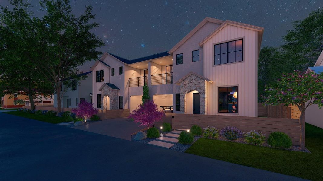 View of front of home featuring stone siding and a balcony