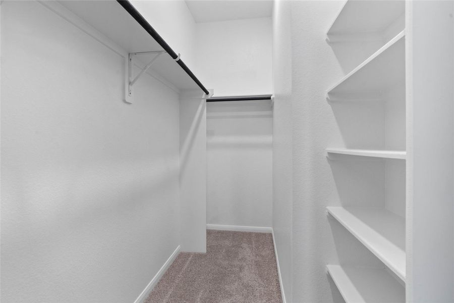The primary suite features a generous walk-in closet equipped with functional hanging rods and shelving.