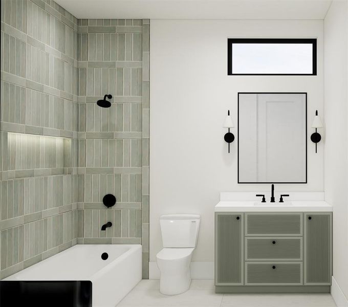 Bathroom featuring vanity,  shower combination, and tile patterned flooring