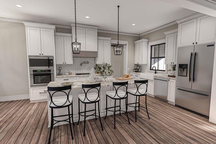 Kitchen with crown molding, a breakfast bar, a sink, and stainless steel appliances