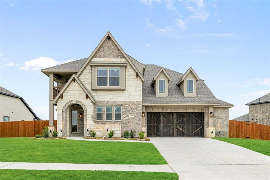 Front exterior of a new home in The Retreat at North Grove 70-75, Waxahachie, TX, highlighting curb appeal (Image 25). Front exterior of a new home in The Retreat at North Grove 70-75, Waxahachie, TX, highlighting curb appeal (Image 25).