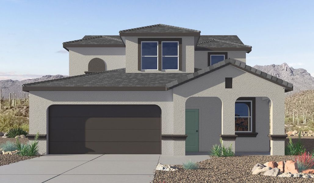 Front exterior of a new home in The Oasis at Rocking K, Vail, AZ, highlighting curb appeal (Image 1).