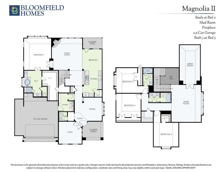 Bloomfield Homes Magnolia II floor plan showing two-story layout with 5 bedrooms, game room, and 2.5-car garage. Bloomfield Homes Magnolia II floor plan showing two-story layout with 5 bedrooms, game room, and 2.5-car garage.
