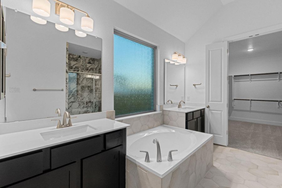 Primary Bath retreat with dual vanities & garden tub