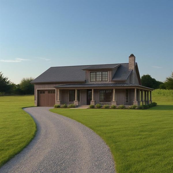 View of front of home featuring a large porch, a chimney, driveway, a front yard, and an attached garage