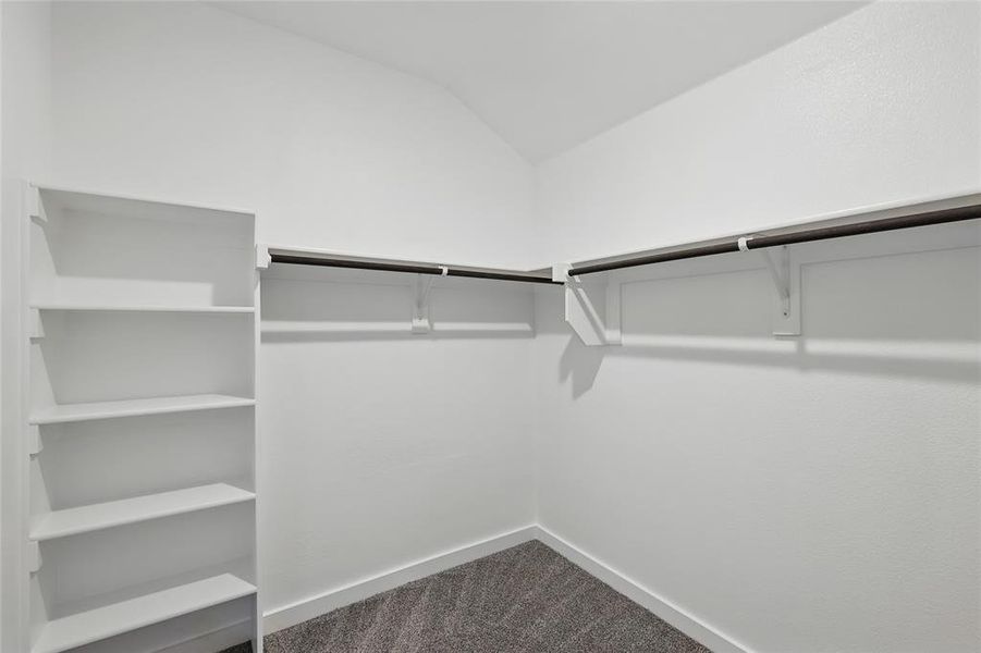 Spacious closet with dark carpet and lofted ceiling