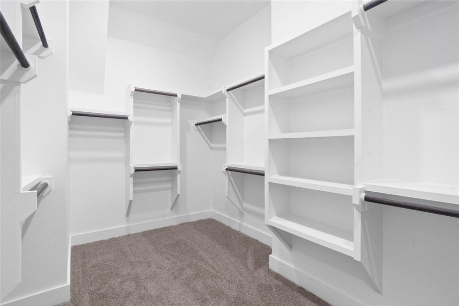 The primary suite features a generous walk-in closet equipped with functional hanging rods and shelving.