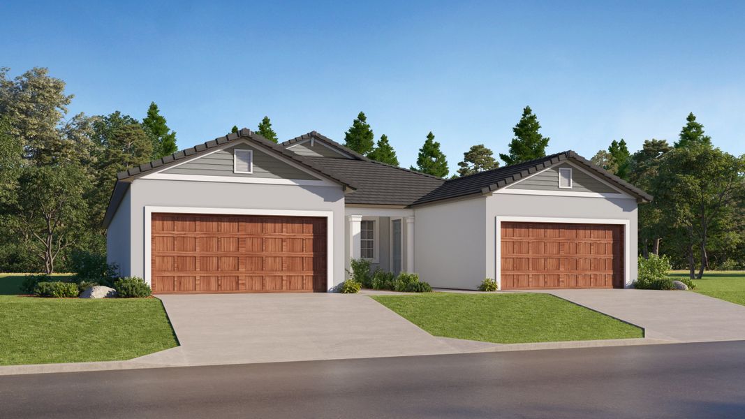 Front exterior of a new home in Prosperity Lakes Active Adult, Parrish, FL, highlighting curb appeal (Image 1). Front exterior of a new home in Prosperity Lakes Active Adult, Parrish, FL, highlighting curb appeal (Image 1).