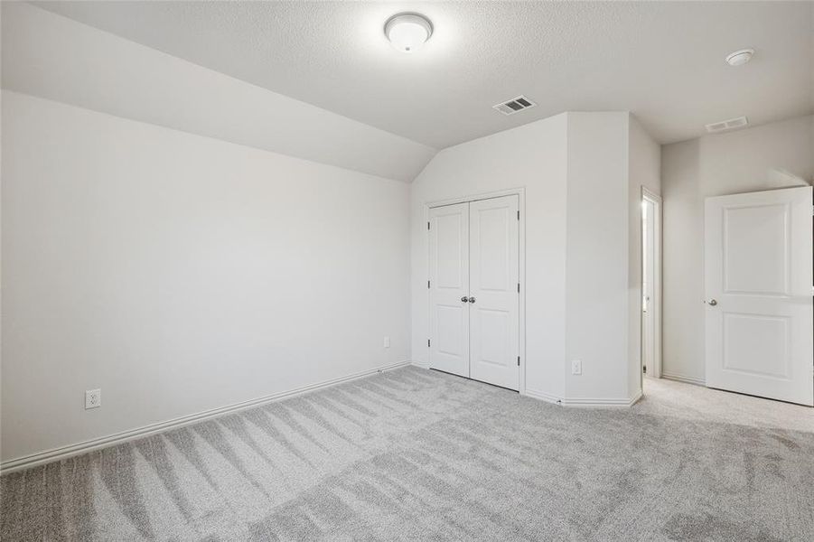 Unfurnished bedroom featuring carpet flooring, lofted ceiling, and a closet