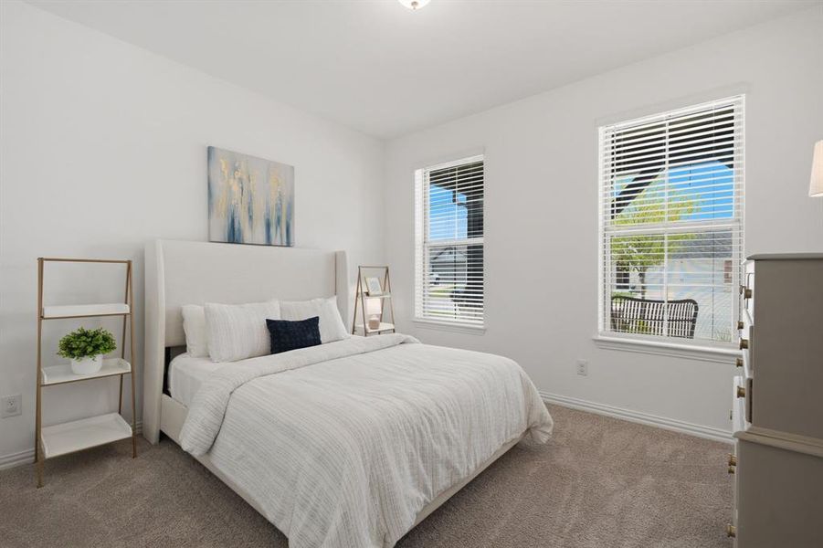 Downstairs secondary bedroom with neutral finishes, plush carpet, and flexible space for guests, kids, or a home office. Move-in ready and easy to personalize.