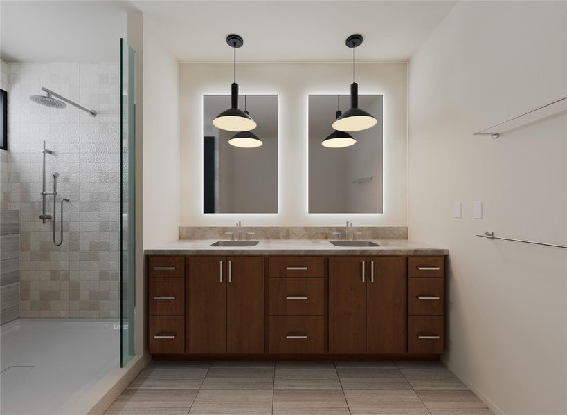 Full bathroom with a stall shower, double vanity, and light tile patterned flooring Full bathroom with a stall shower, double vanity, and light tile patterned flooring