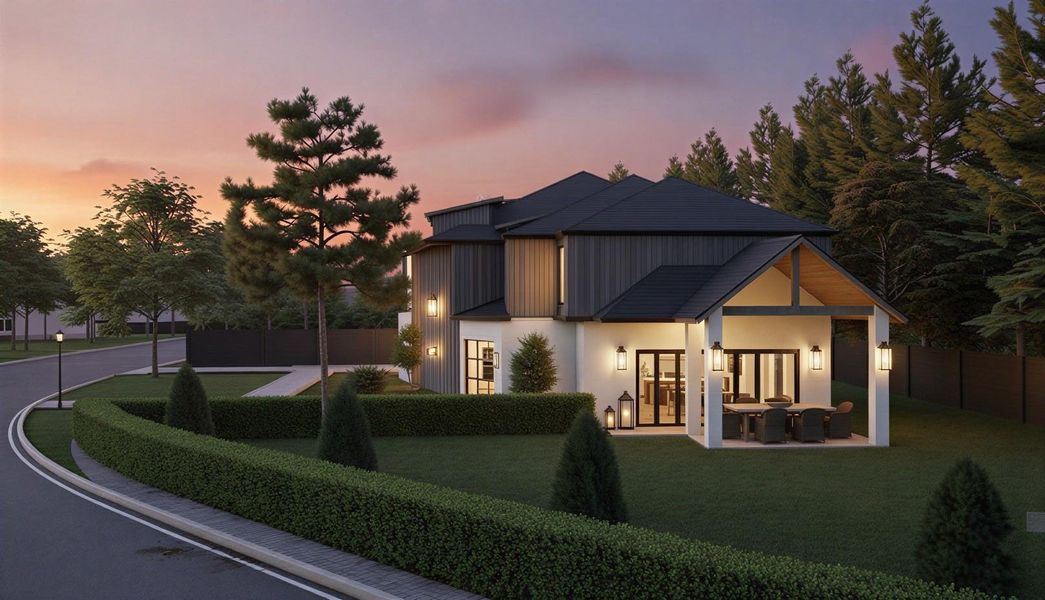 Rendering: Large backyard at dusk with covered patio and summer kitchen.