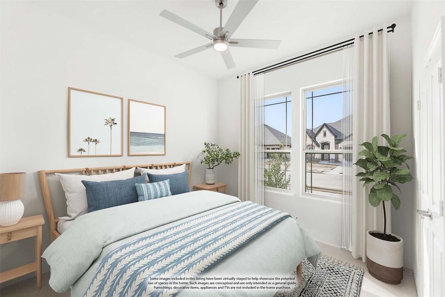 Bedroom with ceiling fan, large windows, wood-frame bed, and blue and white bedding Bedroom with ceiling fan, large windows, wood-frame bed, and blue and white bedding
