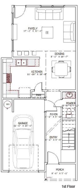 The first floor features an open layout with a family room, dining area, and kitchen. There's a convenient powder room and a pantry adjacent to the kitchen. The entry leads to a foyer with a staircase. The garage accommodates one car, and there's a small porch at the front.