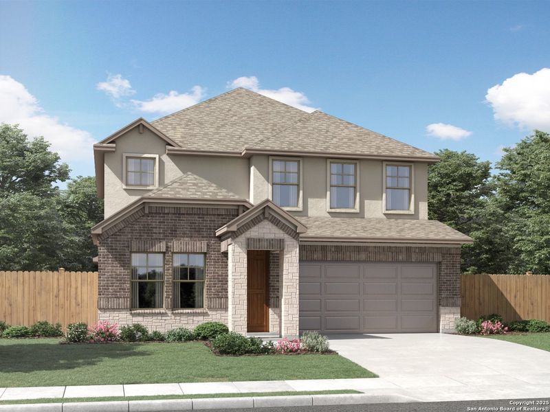 Front exterior of a new home in Kallison Ranch, San Antonio, TX, highlighting curb appeal (Image 1). Front exterior of a new home in Kallison Ranch, San Antonio, TX, highlighting curb appeal (Image 1).