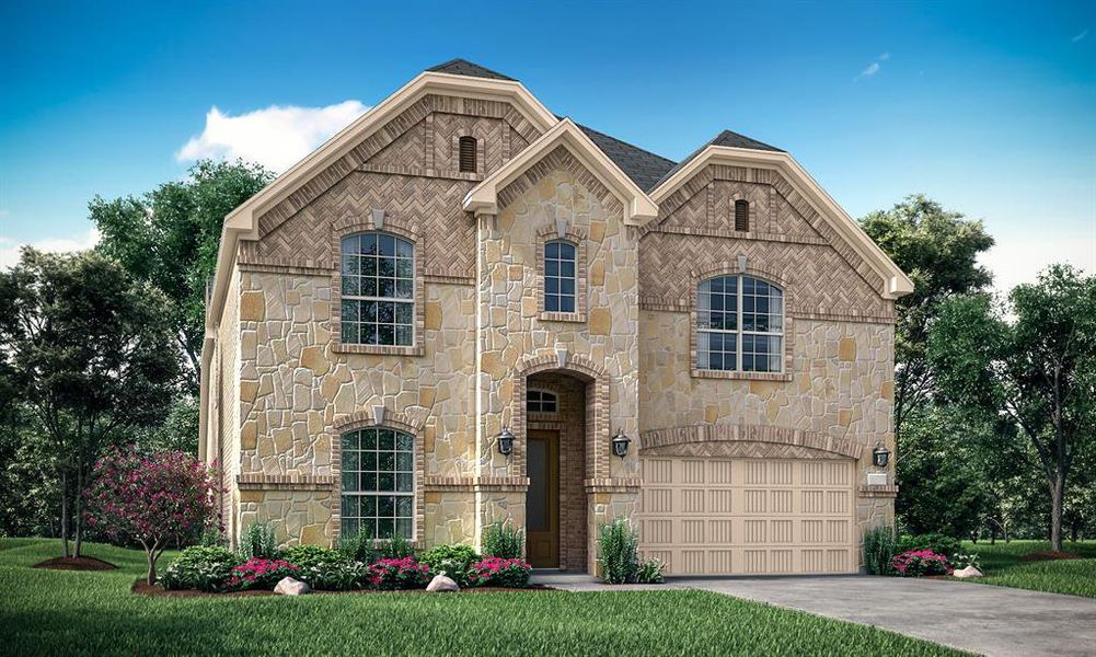 View of front facade with a garage and a front lawn