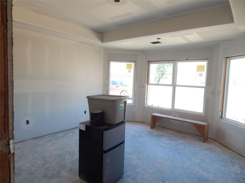 Primary bedroom with tray ceiling and sitting area Primary bedroom with tray ceiling and sitting area