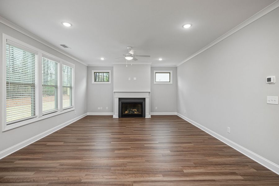 Gathering room with a built in fireplace