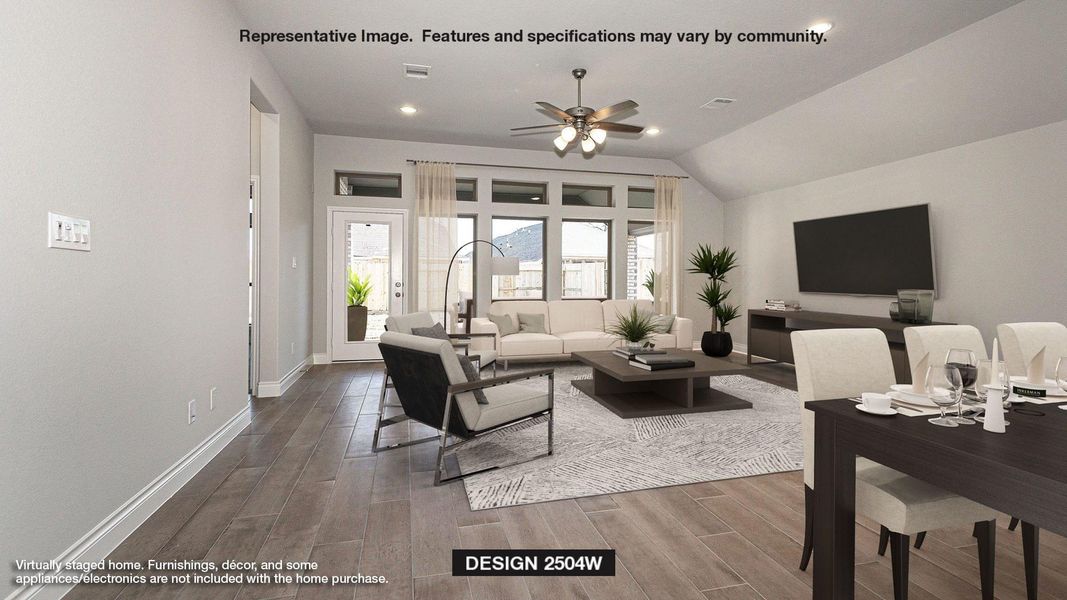 Living room featuring visible vents, baseboards, ceiling fan, and wood tiled floor