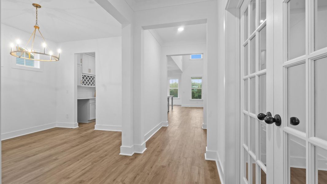 Vibrant entry highlighted by hardwood floors and accomplished design choices
