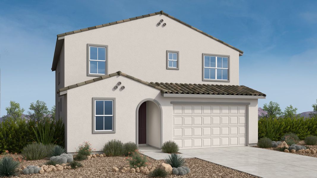 Front exterior of a new home in Artisan at Asante, Surprise, AZ, highlighting curb appeal (Image 1). Front exterior of a new home in Artisan at Asante, Surprise, AZ, highlighting curb appeal (Image 1).