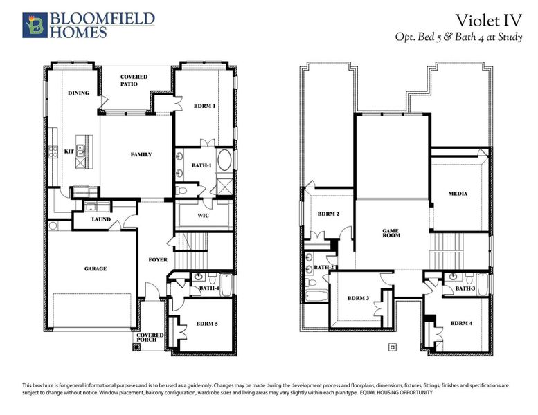 Bloomfield Homes Violet IV two-story floor plan with 5 bedrooms, 4 bathrooms, game room, media room, and garage.