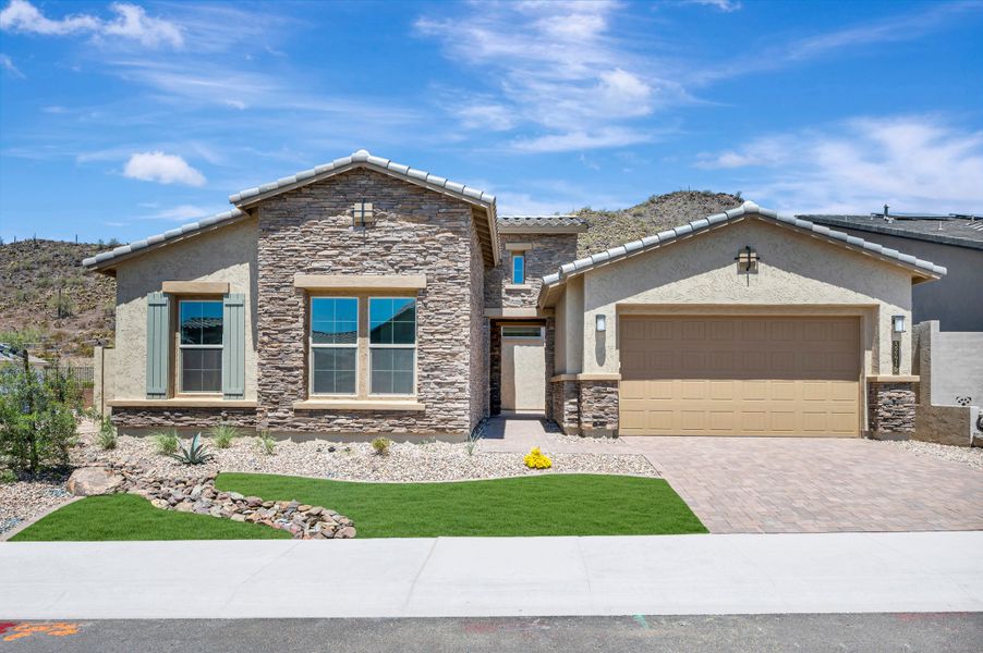 Front exterior of a new home in Meridian at Northpointe at Vistancia, Peoria, AZ, highlighting curb appeal (Image 1). Front exterior of a new home in Meridian at Northpointe at Vistancia, Peoria, AZ, highlighting curb appeal (Image 1).
