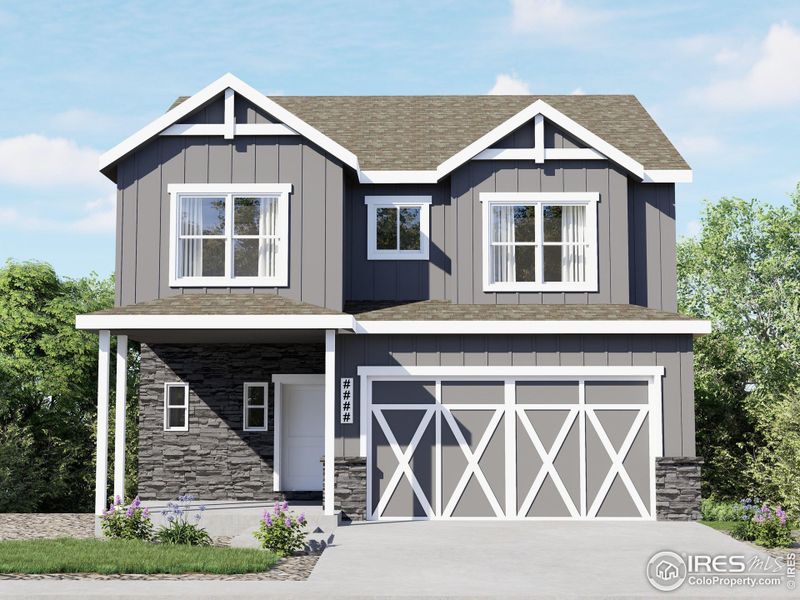 Front exterior of a new home in Wilson Commons, Loveland, CO, highlighting curb appeal (Image 1).