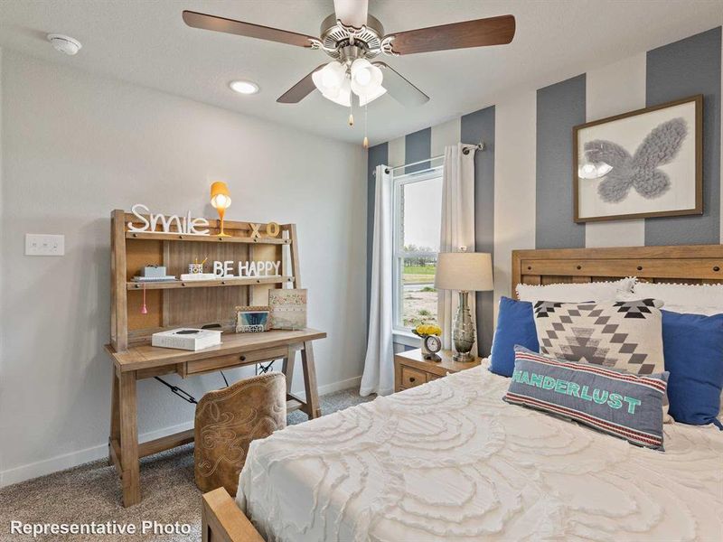 Room featuring a ceiling fan with integrated lighting, recessed ceiling lights, and textured carpeting