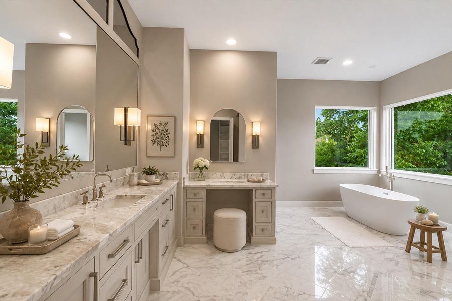 This luxurious primary bath is a true spa-inspired retreat, showcasing striking white marble floors, elegant dual vanities, and a freestanding soaking tub surrounded by walls of windows that fill the space with natural light - With premium finishes, timeless style, and a tranquil ambiance, it offers an exceptional blend of everyday comfort and refined sophistication.  Virtually staged to illustrate furnishing possibilities