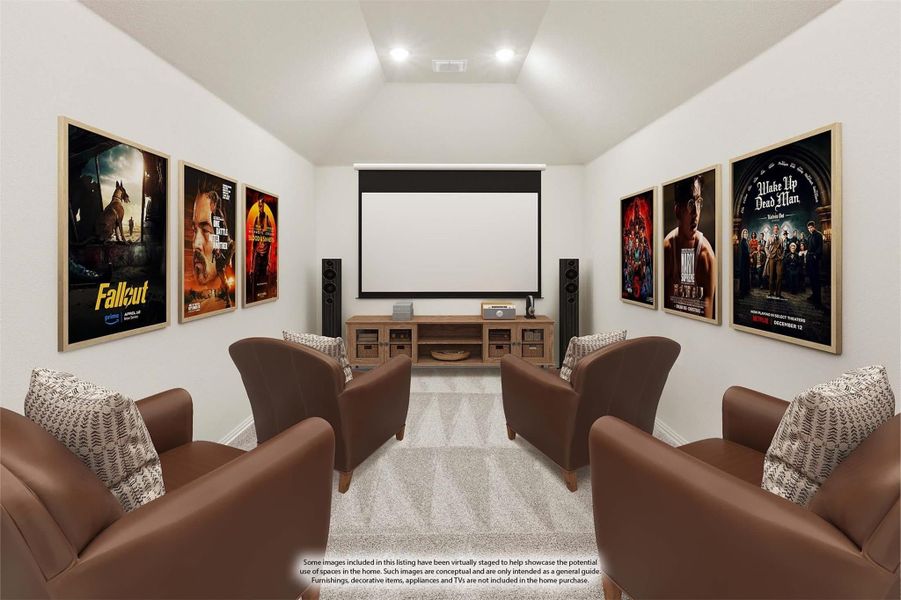 Home theater room with projection screen, brown leather chairs, and movie posters on white walls