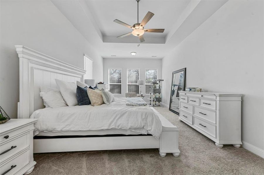 Bedroom featuring a raised ceiling, ceiling fan, and light carpet