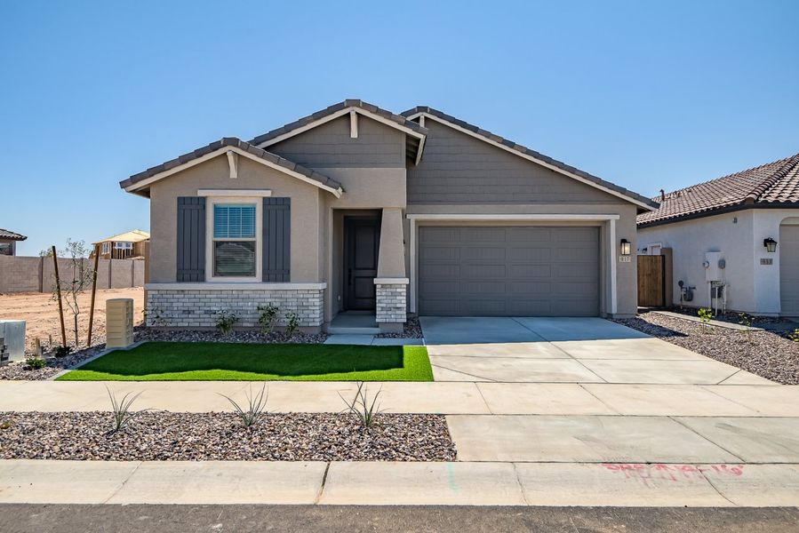 Front exterior of a new home in Mesquite at North Creek, Queen Creek, AZ, highlighting curb appeal (Image 28).