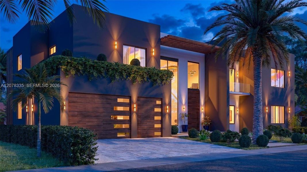 Twilight exterior view showcasing the home's warm ambient lighting and modern design.