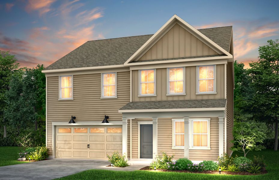 Hampton Exterior CR102 features siding, covered front sitting porch and 2 car garage