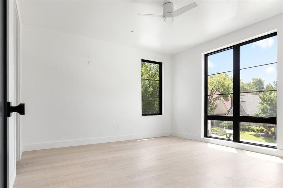 Spare room with plenty of natural light, ceiling fan, and light hardwood / wood-style flooring