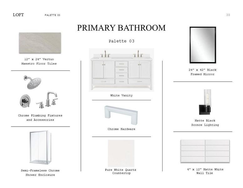 Loft Look Palette 3: Primary Bathroom Selection Sheet (*Artist rendering used for illustration purposes only.) Loft Look Palette 3: Primary Bathroom Selection Sheet (*Artist rendering used for illustration purposes only.)