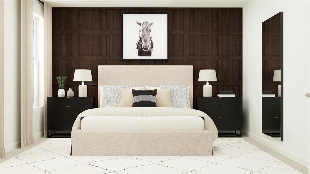 Bedroom with wood walls and light colored carpet