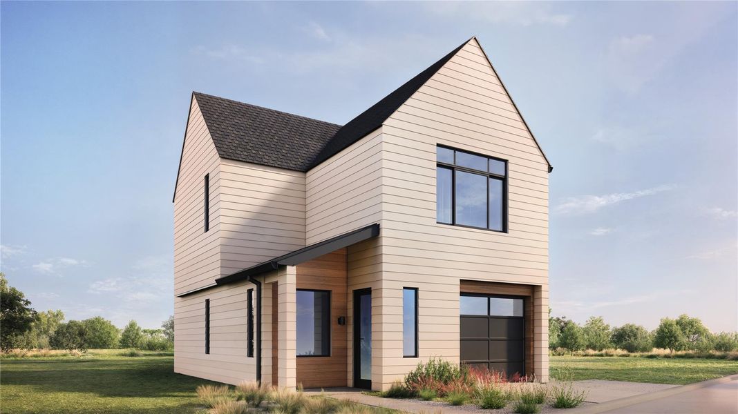 Contemporary home with a front yard, roof with shingles, and a garage