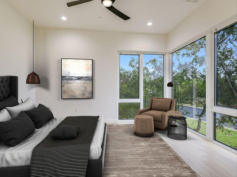 Floor-to-ceiling windows illuminate this tranquil sleeping space, offering serene tree-lined views. Floor-to-ceiling windows illuminate this tranquil sleeping space, offering serene tree-lined views.