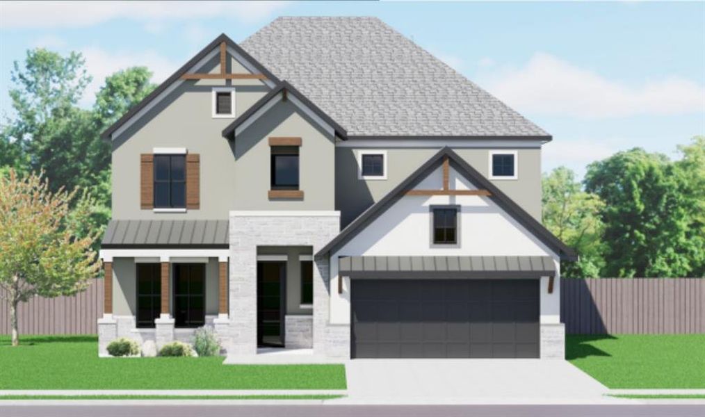 Modern facade with a mix of siding and stone, featuring a prominent garage and inviting entryway. Modern facade with a mix of siding and stone, featuring a prominent garage and inviting entryway.