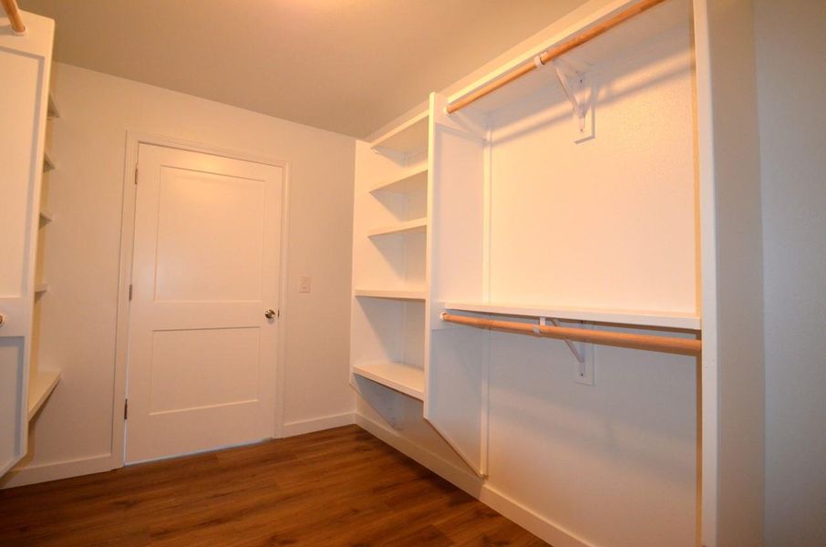 Walk in closet with dark wood-style floors