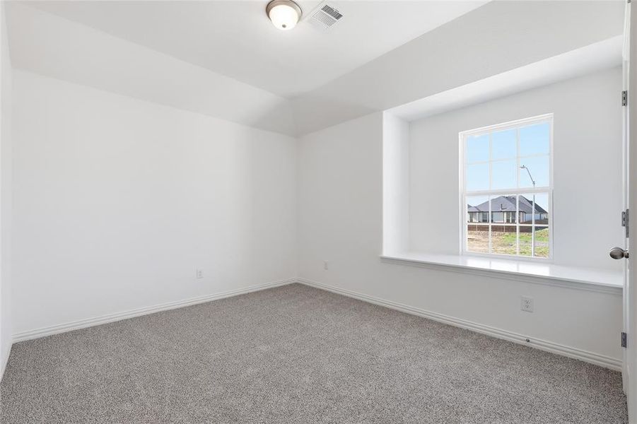 Unfurnished room with carpet flooring and lofted ceiling