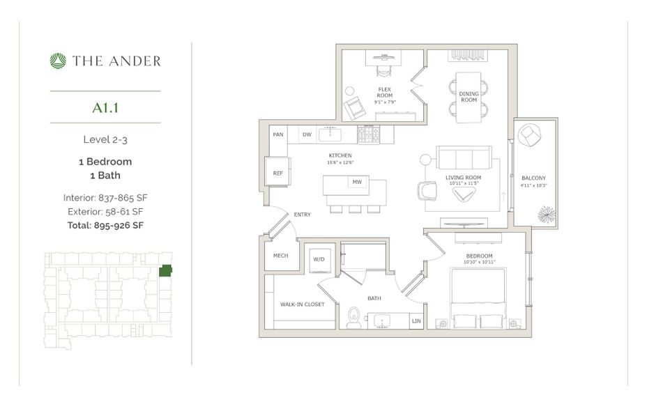 2D floor plan layout for the A1.1 by Ledgestone Development Group in The Ander, Austin, TX (Image 1).