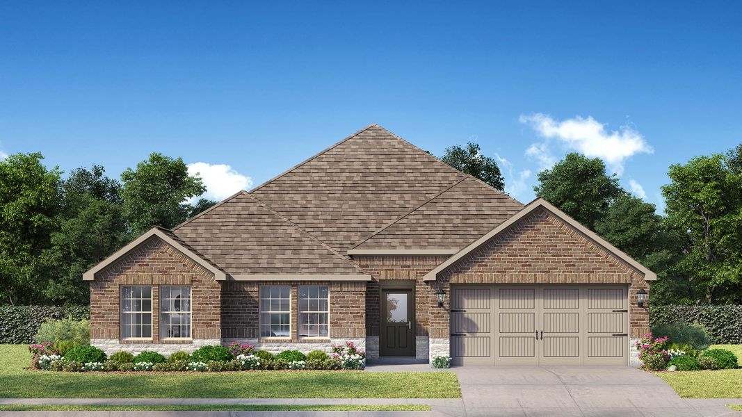 Front exterior of a new home in Parkerville Meadows, DeSoto, TX, highlighting curb appeal (Image 1). Front exterior of a new home in Parkerville Meadows, DeSoto, TX, highlighting curb appeal (Image 1).
