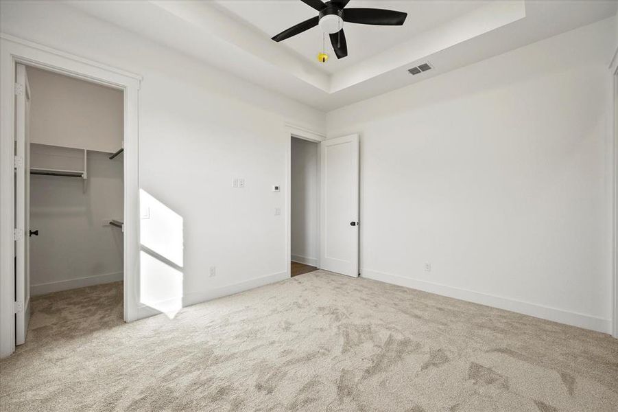 Unfurnished bedroom featuring a tray ceiling, a walk in closet, ceiling fan, and light carpet