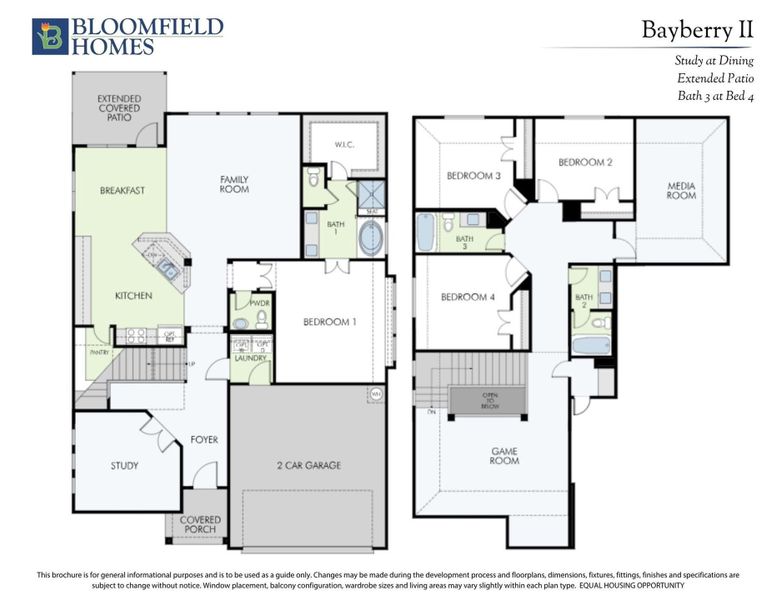 Bloomfield Homes Bayberry II floor plan with four bedrooms, game room, study, and two-car garage on two floors.