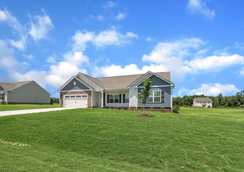 Angled-view of the Marie with a 2-car garage.