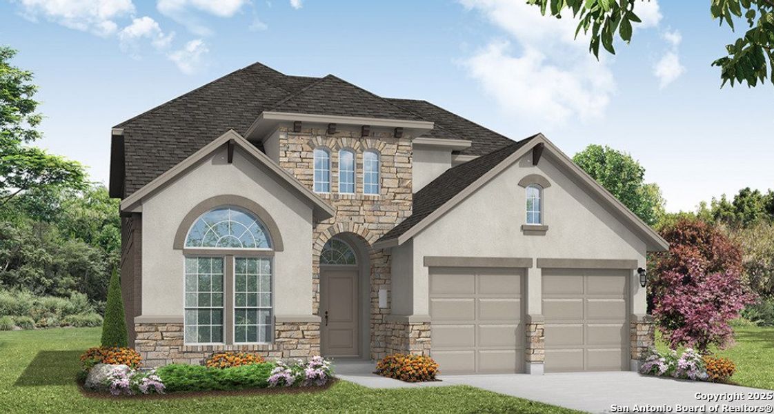 Front exterior of a new home in Megan's Landing, Castroville, TX, highlighting curb appeal (Image 1). Front exterior of a new home in Megan's Landing, Castroville, TX, highlighting curb appeal (Image 1).